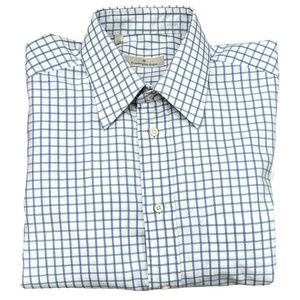 ERMENEGILDO ZEGNA WHITE WITH BLUE CHECKERBOARD COTTON DRESS SHIRT